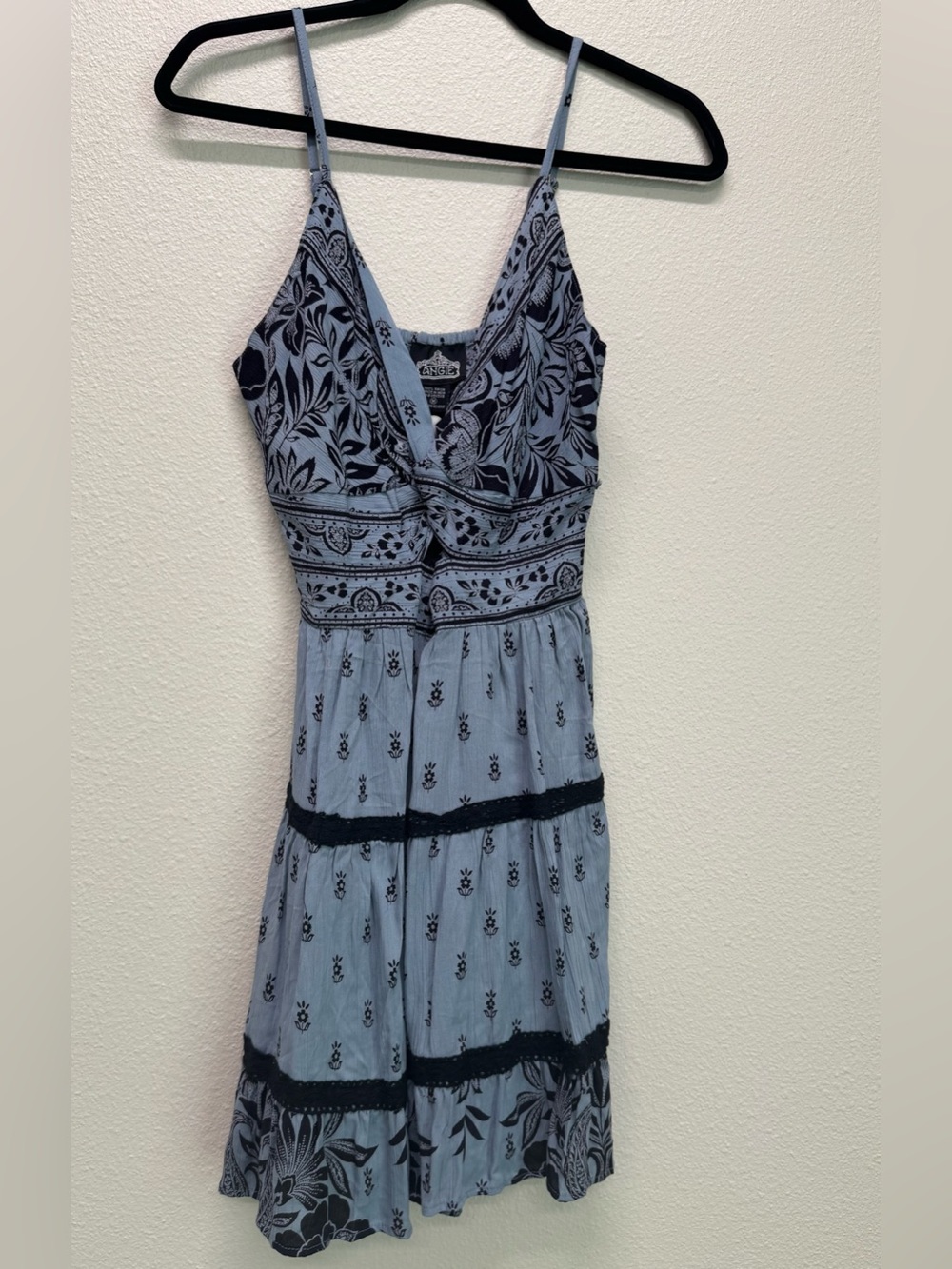 NWT Angie Boho Blue Floral Mini Dress with Black Lace Trim, Various Sizes